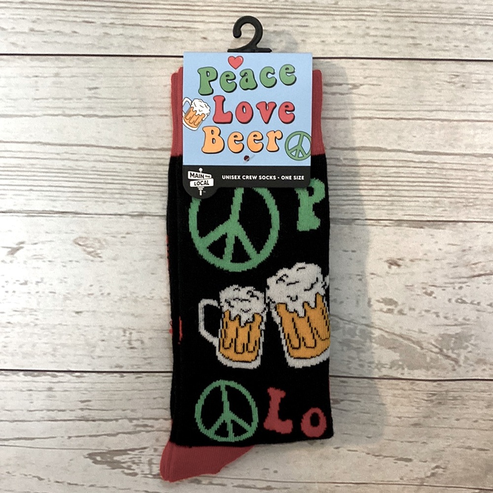 NWT Main and Local Peace Love Beer Unisex Crew Socks